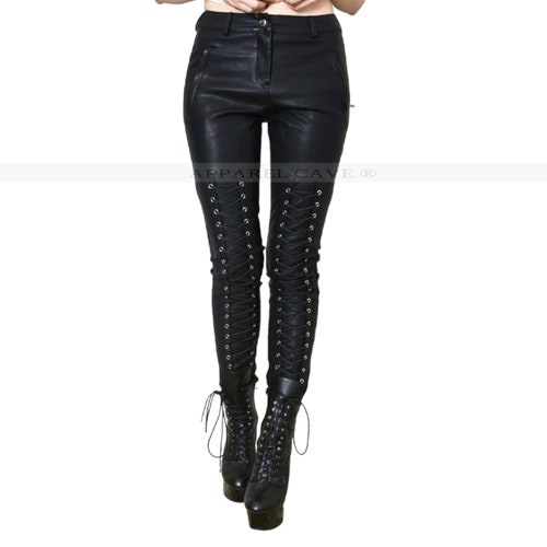 Front shops Laces Style Rocker Real Soft Sheep Leather Pant For Women Stylish Punk Leather Motorcycle Biker Riders Steampunk Pants For Girls Pant