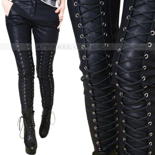 Front shops Laces Style Rocker Real Soft Sheep Leather Pant For Women Stylish Punk Leather Motorcycle Biker Riders Steampunk Pants For Girls Pant