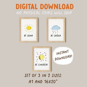 Be Happy, Be Brave, Be Kind DIGITAL PRINT Set, Irish-language Kids Prints, GAEILGE prints, Gaeilge New Baby Gift, Irish kid, Nursery décor