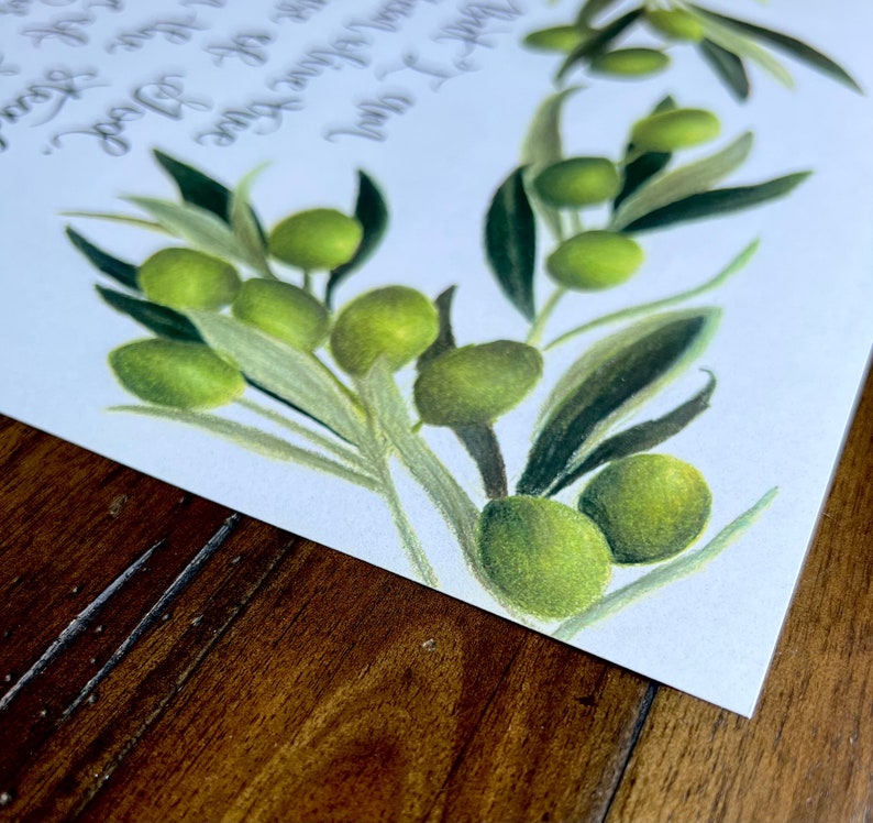 May include: A watercolor painting of olive branches with green leaves and olives. The painting is on a white background and has a handwritten quote in the top left corner.
