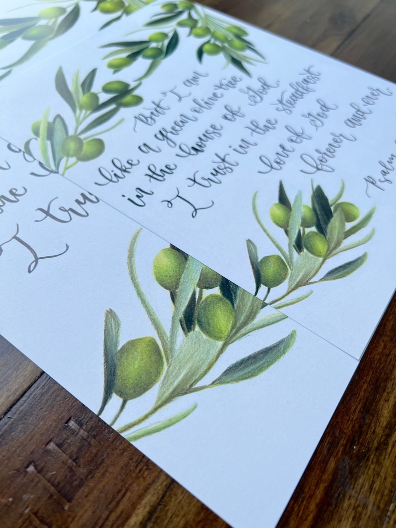 May include: A white card with a green olive branch illustration and the text "But I am a great olive tree in the house of God. I trust in the steadfast love of God forever and ever. Psalm"