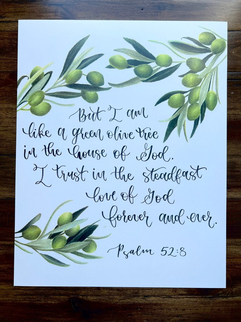 May include: A white background with a handwritten quote from Psalm 52:8. The quote reads "But I am like a green olive tree in the house of God. I trust in the steadfast love of God forever and ever." The quote is surrounded by a watercolor illustration of olive branches with green leaves and olives.