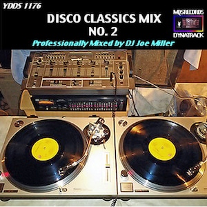 May include: A DJ setup with two turntables and a mixer. The turntables are silver and black with black vinyl records on them. The mixer is silver and black with a variety of knobs and buttons. The text "DISCO CLASSICS MIX NO. 2 Professionally Mixed by DJ Joe Miller" is visible on the top of the image.