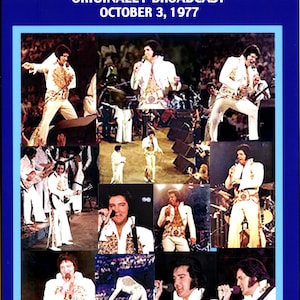 Könnte beinhalten: Eine Collage von Bildern, die Elvis Presley bei einem Konzert zeigen. Die Bilder zeigen Elvis in verschiedenen Posen, beim Singen und Gitarre spielen. Der Text auf dem Bild lautet "Elvis in Concert, The Complete CBS Television Special, Originally Broadcast October 3, 1977."