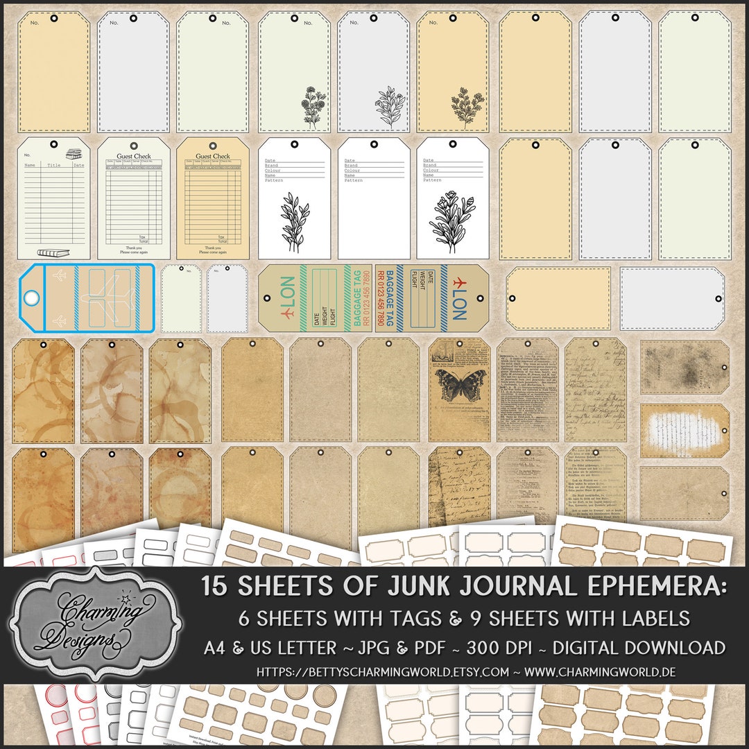 Junk Journal Ephemera, Printable Tags and Labels, Digital Download ...
