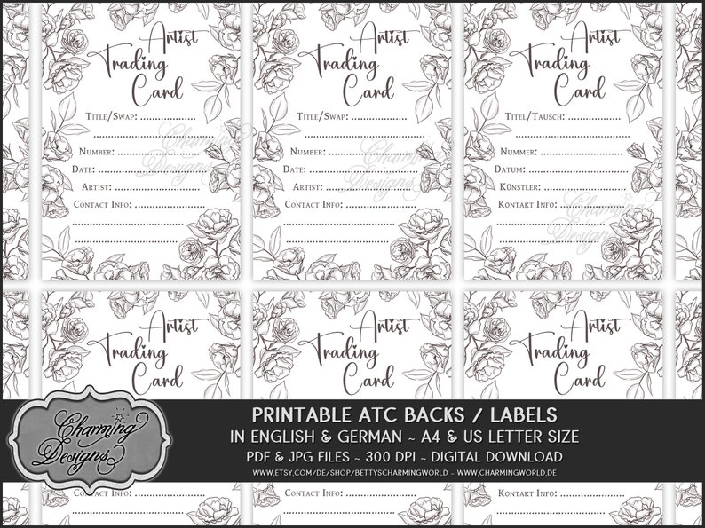 ATC Back Sides, Artist Trading Card Label, Digital Download, Digital Stamp, Printable Template for ATCs with Flowers image 3