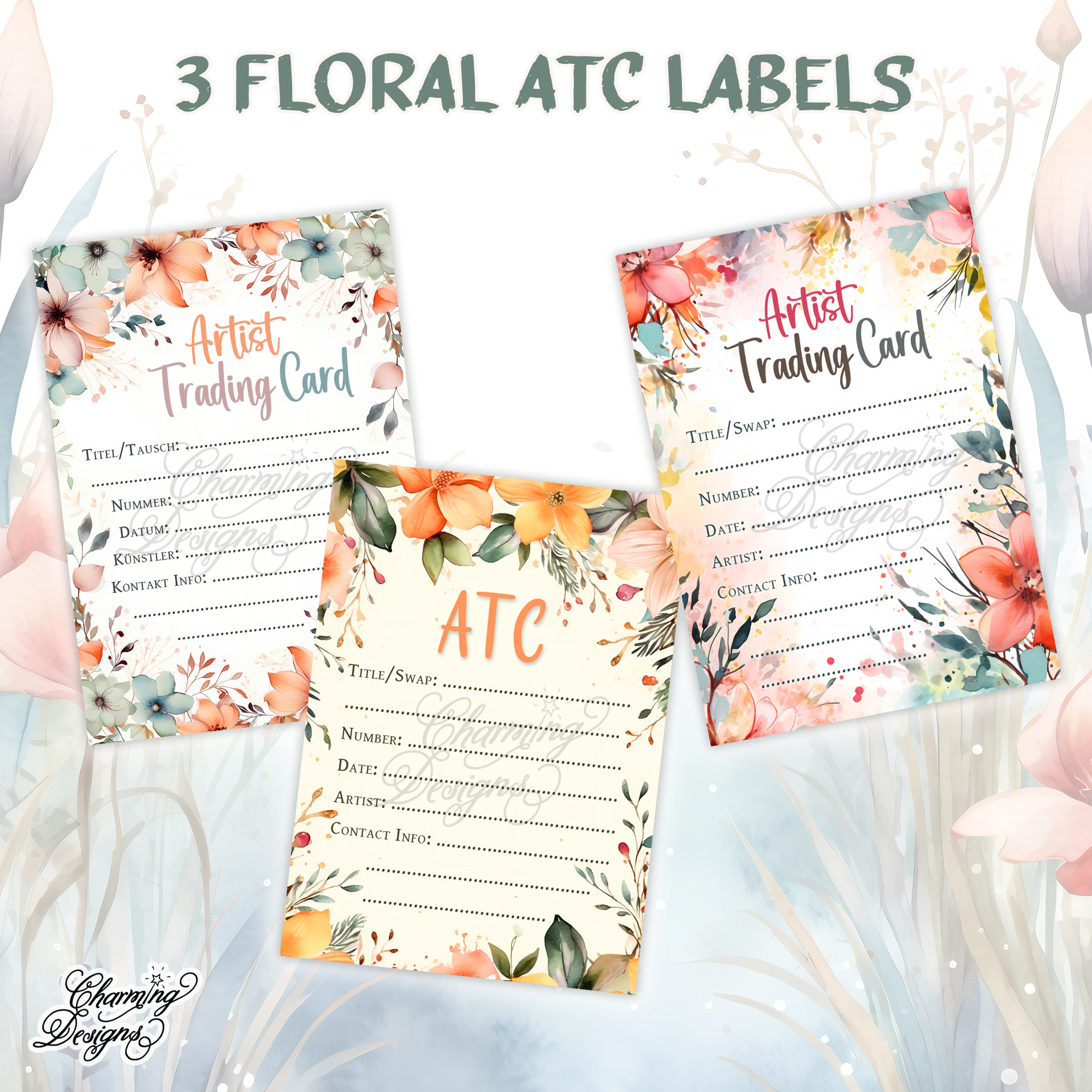ATC Back Sides, Artist Trading Card Label, Colorful Floral ATC