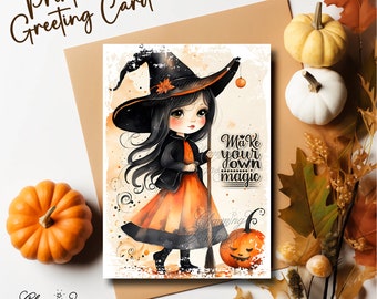 Halloween Greeting Card, Cute Witch Card, Printable Foldable Card, Digital Download for DIY projects , 2 sizes: A6 & 5 x 7 inch