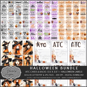 Halloween Bundle with Witch Artist Trading Cards & Halloween ATC backs, Halloween Labels, Digital Stickers, Printable for DIY projects