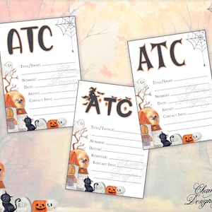 Halloween ATC Back Sides, Artist Trading Card Label, Digital Download, Printable Template for ATCs, DIY ATC backs with Witches and Ghosts