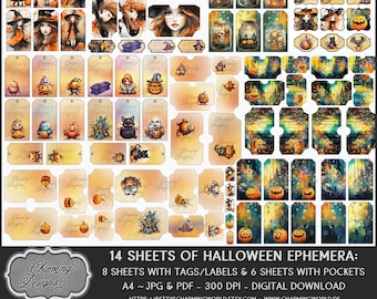 Halloween Junk Journal Ephemera, Printable Tags & Pockets, Mini-Tags, Labels, Digital Download for DIY projects