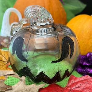 GLASS Jack-o-lantern pumpkin decor-Etched & Painted face Pumkincore