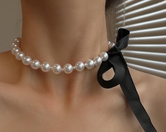 【Monday Edition】24SS TIE A PEARL RIBBON NECKLACE Chunky Pearl Ribbon Necklace • Blue Satin Ribbon Tie Pearl