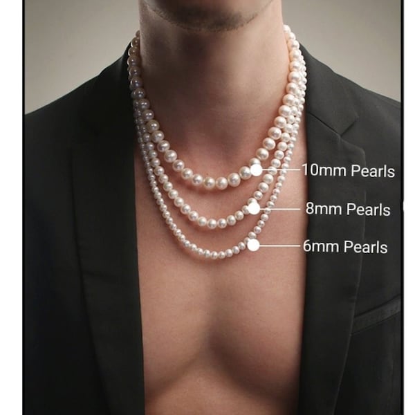 Pearls Necklace for Men, Stacking Round Pearl Choker, Beaded Chain, Couple Jewelry, Tarnish Free, Gift for Brother, Son, Boyfriend