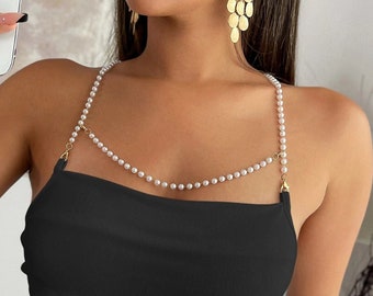 Pearl Straps for Crop Tops, Beaded Chain Bra Straps for Women Dress, Bridal Shoulder Jewelry for Wedding, Crystals Bra Replacement, Her Gift