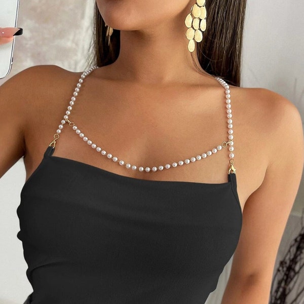 Pearl Straps for Crop Tops, Beaded Chain Bra Straps for Women Dress, Bridal Shoulder Jewelry for Wedding, Crystals Bra Replacement, Her Gift