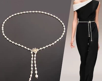 Classic Pearl Waist Belt for Women Outfit,  Rhinestone Thin Waist Chain for Dress, Silver Bridal Belt, Gold Belly Chain, Gift for Wife, Mom