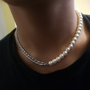 Men&#39;s Half Stainless Steel Half Pearl Necklace, Beaded Choker for Men, Double Link Cuban Chain, Gift for Brother, Son, Boyfriend