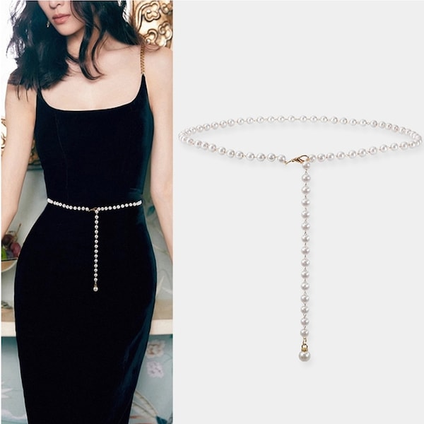 Classic Single Thin Waist Chain for Dress, Pearl Waist Belt for Women Outfit,  Silver Bridal Belt, Beaded Gold Belly Chain, Gift for Her