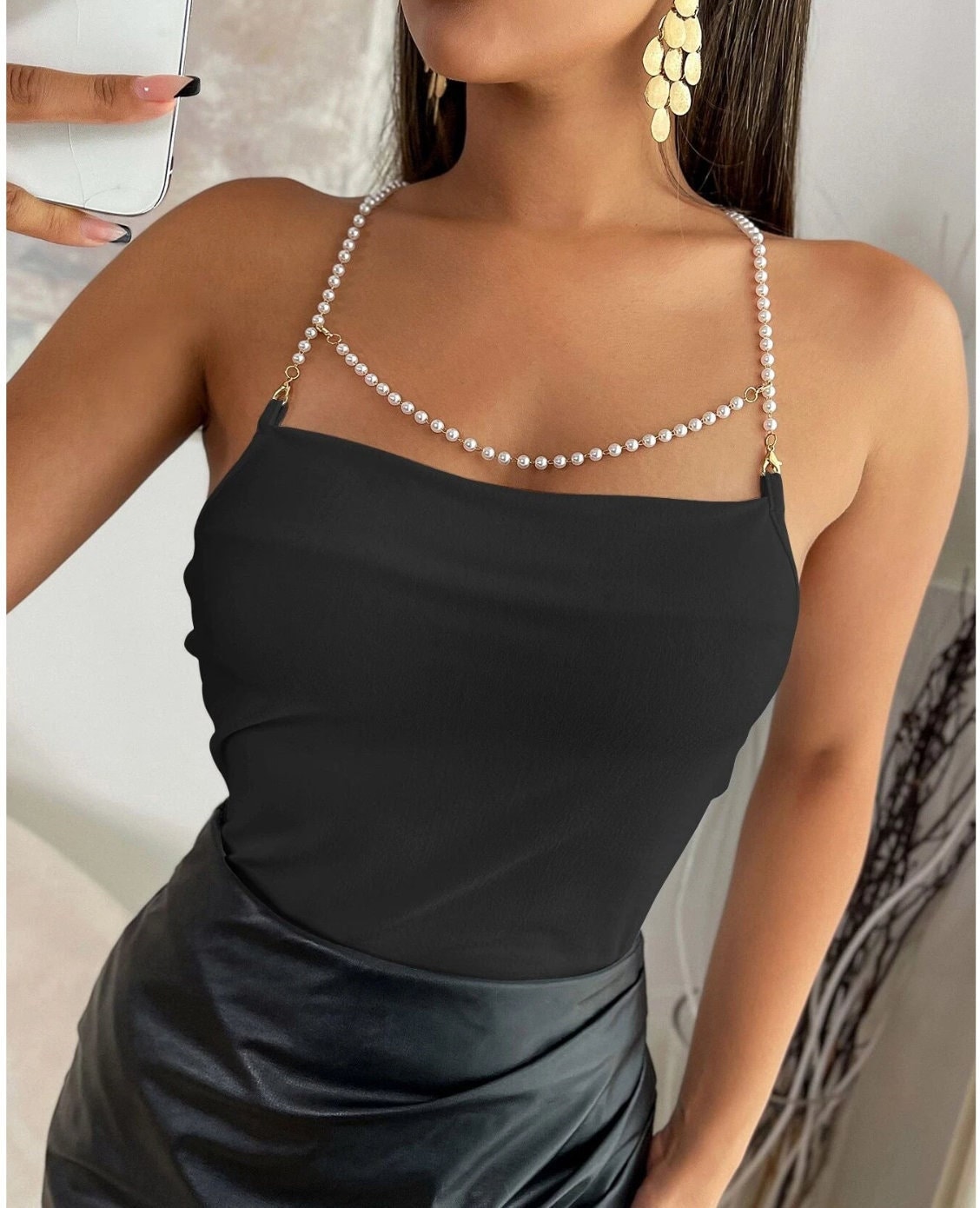 Shimmering Faux Pearl Chain Trim Backless Chainmail Halter Bra Top - W –  Trendy & Unique