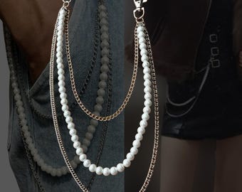 Pearl and Stainless Steel Layered Pant Chain, 3 Layer Wallet Belt Chain, Tarnish Free, Gift for Brother Boyfriend Girlfriend