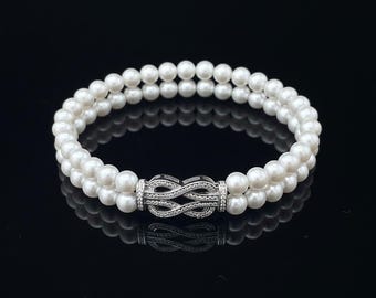 Double Row Pearl Bracelet, Rhinestone Love Knot Clasp, Elegant Infinity Wristband, Anniversary Gift for Wife, Mother's Day