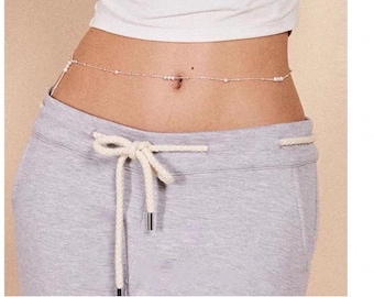 Dainty Pearl Belly Chain, Sexy Gold Waist Chain, Simple Silver Belt for Bikini, Crop top, Birthday Anniversary Gift  for Wife, Girlfri