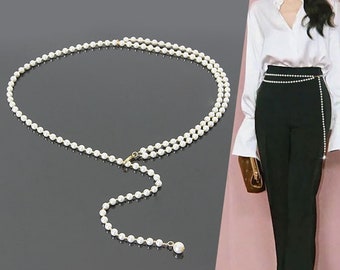 Pearl Waist Belt for Women Outfit, Classic Thin Waist Chain for Dress, Silver Bridal Belt, 2 Layered Beaded Gold Belly Chain, Gift for Her