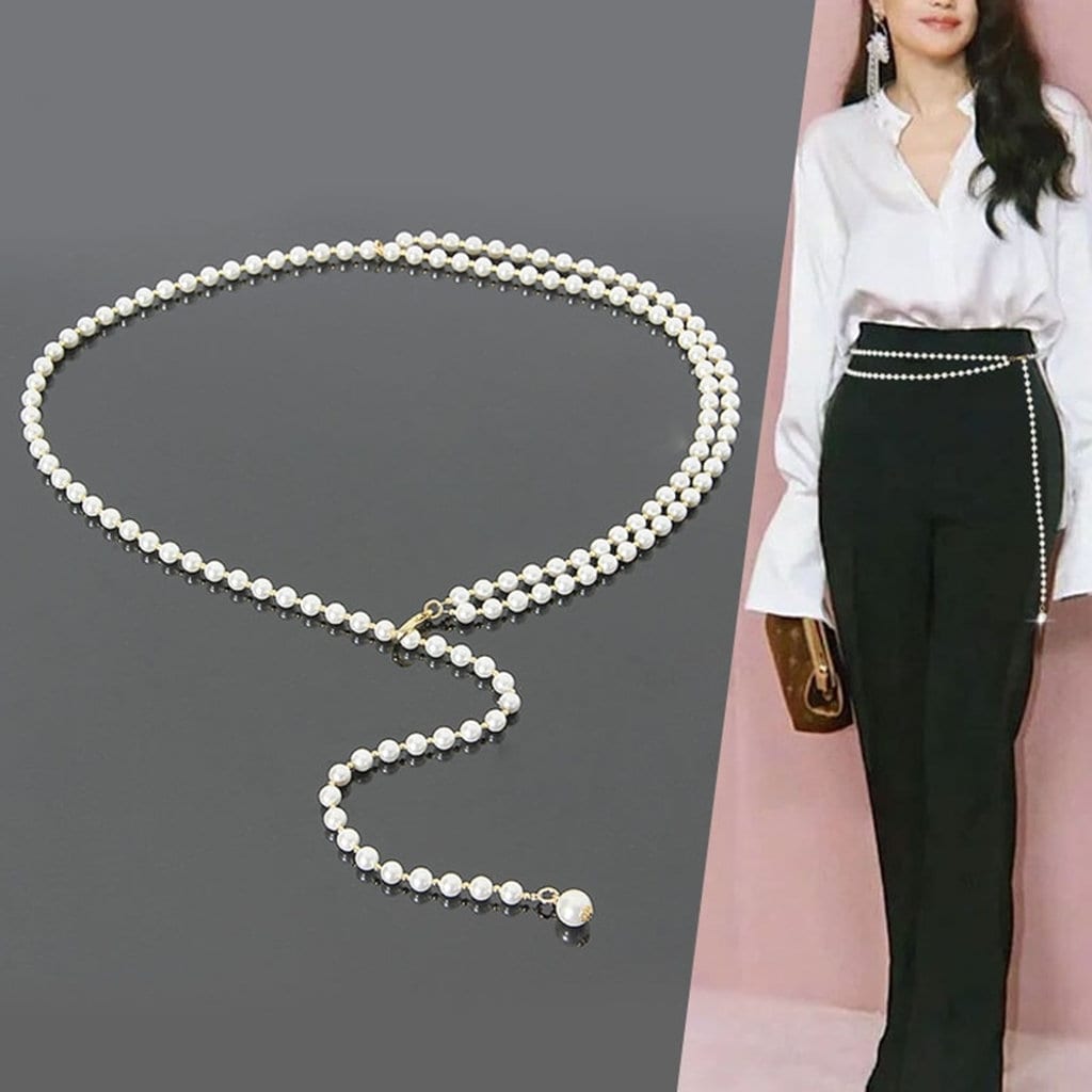 Wriidy Pearl Belt White Women Wasit Chain Adjustable Plus Size Belts Body Accessories for Dress