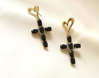 Gold Heart Black Rhinestone Cross Dangle Earrings