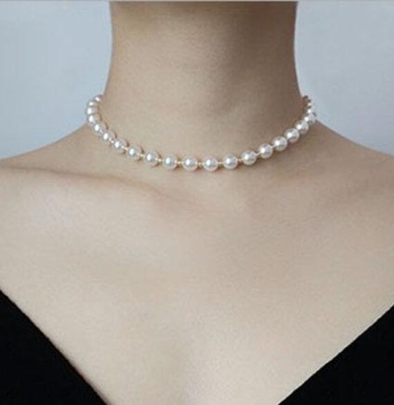 White Pearl Necklace, Ivory Pearl Ribbon Tie Choker, Women's