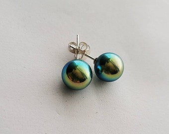 Classic 10mm Tahitian Pearl Earrings, Iridescent South Sea Round Pearl Stud Earrings, Tahiti Peacock Pearl, Gift for Girlfriend, Mom, Wife