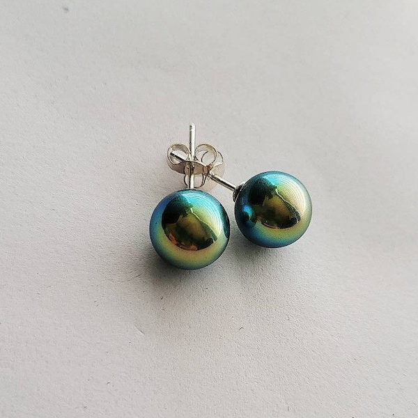 Classic 10mm Tahitian Pearl Earrings, Iridescent South Sea Round Pearl Stud Earrings, Tahiti Peacock Pearl, Gift for Girlfriend, Mom, Wife