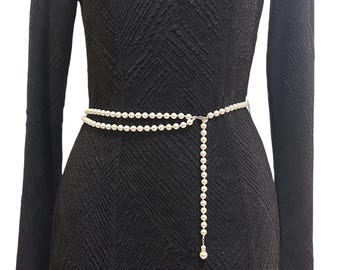 Pearl Waist Belt for Women Outfit, Classic Thin Waist Chain for Dress, Silver Bridal Belt, 2 Layered Beaded Gold Belly Chain, Gift for Her