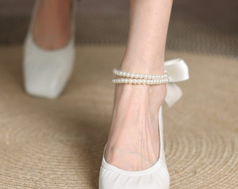 Pearl Anklet Strap  for Bridal Shoe, Detachable Ankle Bracelet for Lace up Strappy Heel, Bridal Foot jewelry, Satin Ribbon