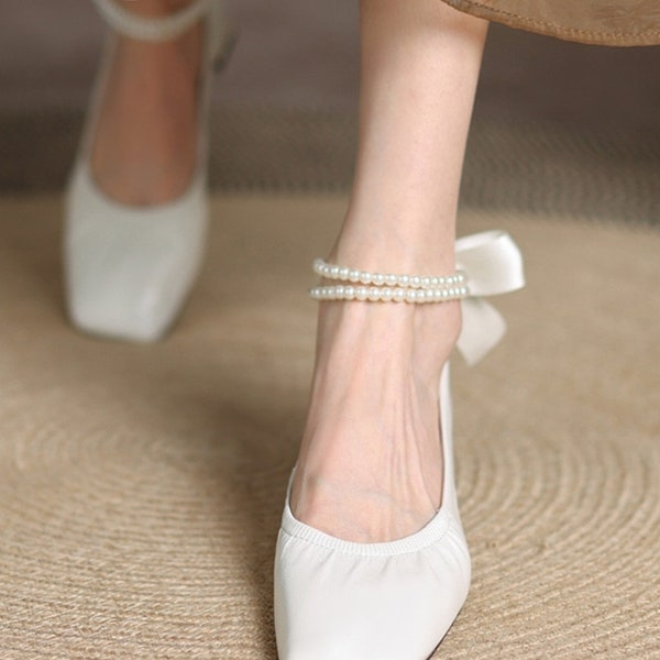 Pearl Anklet Strap  for Bridal Shoe, Detachable Ankle Bracelet for Lace up Strappy Heel, Bridal Foot jewelry, Satin Ribbon