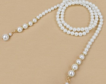 Elegant Pearl Waist Chain for Dress, Silver Bridal Belt, Black Beaded Belly Chain for Girl Outfit, No clasp, Gift for Her