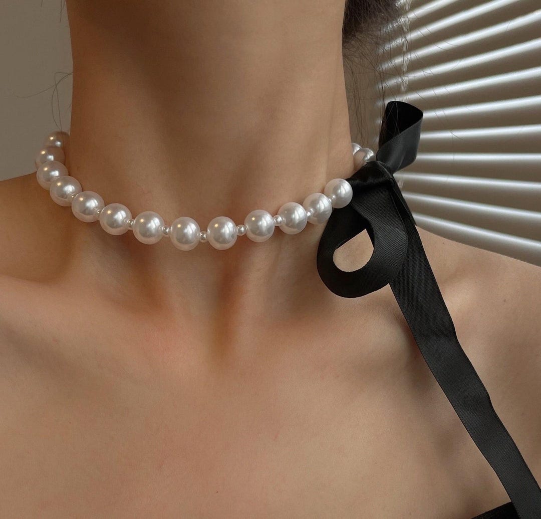 ネックレス・ペンダント Tie a Pearl ribbon Necklace White Pearl Necklace, Ivory Pearl Ribbon Tie Choker, Women's