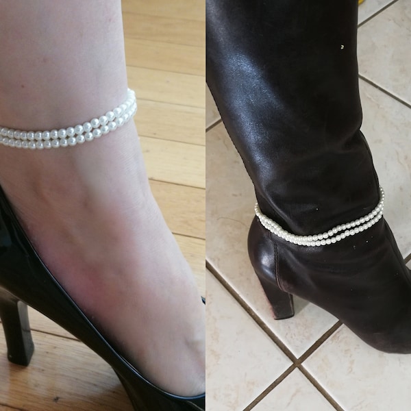 Pearl Anklet Strap for Boots or High Heel, Double Layered Pearl Anklet Shoelace, 3, 4 Layers for Wedding Shoe