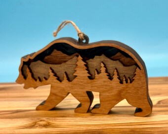 Handmade Wooden Bear Ornament: Rustic Mountain Cabin Christmas Decor