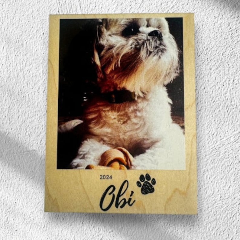 Custom pet photo magnet featuring a Shih Tzu named Obi, UV-printed on wood with paw print. Perfect for personalized pet memorial gift, pet lover gift, or home decor. Cheris your furry friend with this unique gift for dog lovers. Doodle, frenchie.