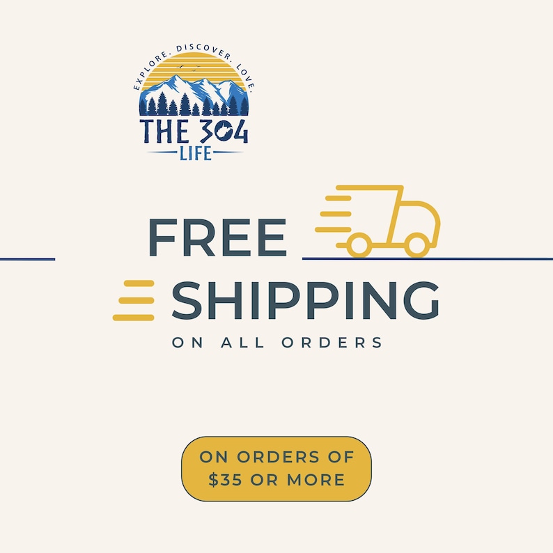May include: A yellow graphic of a delivery truck with a blue line underneath. The text "FREE SHIPPING ON ALL ORDERS" is in black. Below that is a yellow button with the text "ON ORDERS OF $35 OR MORE" in black.