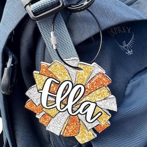 Cheerleader Bag Tag with Name Glitter Personalized Cheer Bag Charm for Girls Custom Cheer Team Gift for Dancer Luggage Tag End of Year Gift
