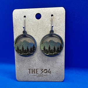 Hand-Painted Mountain Sunset Earrings: Rustic Wood Drop Dangle Jewelry
