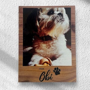 Custom pet photo magnet featuring a Shih Tzu named Obi, UV-printed on wood with paw print. Perfect for personalized pet memorial gift, pet lover gift, or home decor. Cheris your furry friend with this unique gift for dog lovers. Doodle, frenchie.