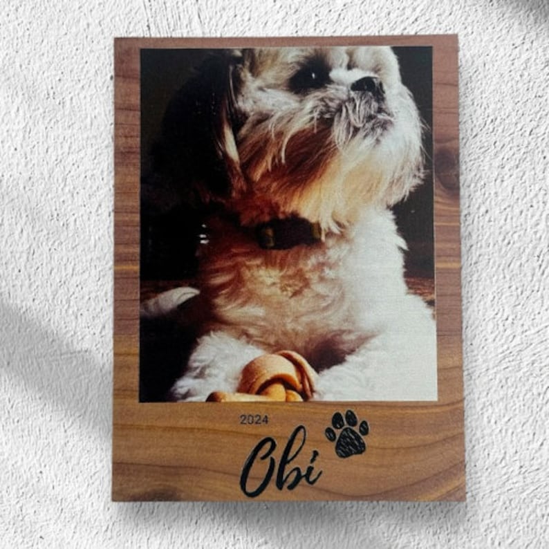 Custom pet photo magnet featuring a Shih Tzu named Obi, UV-printed on wood with paw print. Perfect for personalized pet memorial gift, pet lover gift, or home decor. Cheris your furry friend with this unique gift for dog lovers. Doodle, frenchie.