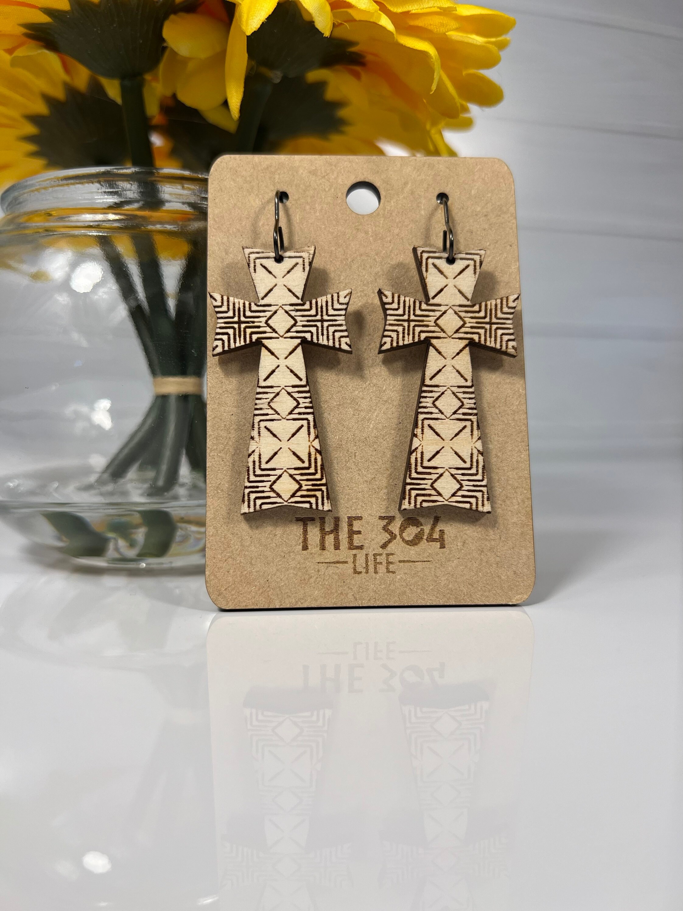 Boho Inspired Wood Cross Earrings With Intricate Laser Engraved Square