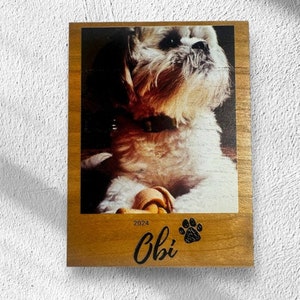 Custom pet photo magnet featuring a Shih Tzu named Obi, UV-printed on wood with paw print. Perfect for personalized pet memorial gift, pet lover gift, or home decor. Cheris your furry friend with this unique gift for dog lovers. Doodle, frenchie.