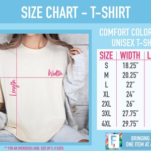 May include: Size chart for a unisex t-shirt with measurements in inches. The chart shows the width and length of the shirt in sizes S, M, L, XL, 2XL, 3XL, and 4XL. The text "Comfort Colors 1717" is also visible.