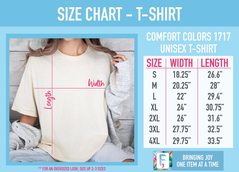 May include: Size chart for a unisex t-shirt with measurements in inches. The chart shows the width and length of the shirt in sizes S, M, L, XL, 2XL, 3XL, and 4XL. The text "Comfort Colors 1717" is also visible.